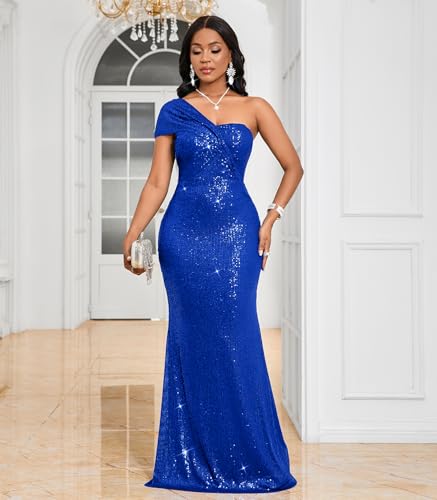 Image of Cololura Women Sexy Sequin One Shoulder Mermaid Formal Party Cocktail Gowns Bodycon Evening Maxi Dress
