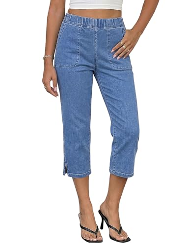 luvamia Elastic Waist Jeans for Women Stretchy Light Wash Jeans Womens Blue Jean Capris Denim Pants for Women Straight Leg High Waisted Womes Jean Capris Medium Blue Size Medium Fits US 8-10
