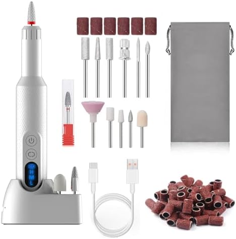 Portable Electric Nail Drills,Professional Nail Drill File Kit for Acrylic,Manicure and Pedicure Sets for Grinding,polishing and Trimming,Rechargeable Pedestal Nail Polisher. White