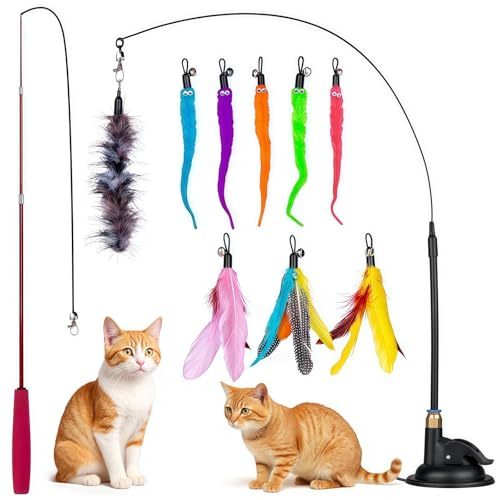 猫おもちゃ 猫じゃらしOziral 吸盤式+釣り竿じゃらし 2Way猫用玩具 二段階伸縮釣り竿 自動 回弾可能 羽のおもちゃ 鈴付き 一人遊び可能 運動不足解消 ストレス解消 鳥/毛虫/天然羽根 交換用玩具9本 子猫 人気 猫遊び用品 ペット用品（12点セット）の商品画像（Amazon）