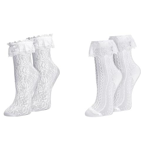 Image of Women Lace Ruffle Socks White Black Frilly Lolita Crew Dress Socks