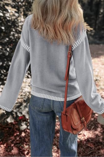 Image of Dokotoo Sweaters for Women Fashion Solid Crewneck Loose Fit Long Sleeve Contrast Cable Knit Pullover Sweater Jumper Tops