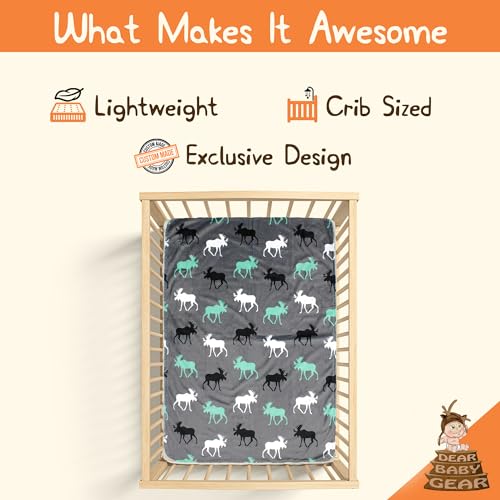 Image of Dear Baby Gear - Reversible Baby Blankets - Soft Nursery Blanket for Newborn - Toddler Blankey - Throw Blanket for Boys & Girls - Infant Blankets - 40x30 inch (White Gray and Mint, Moose)