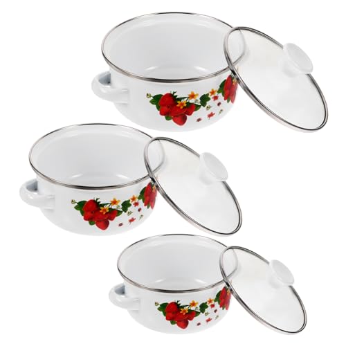 Ciieeo 3 Piezas Tazón De Esmalte Olla Antiadherente Con Tapa Ollas Pequeñas Para Cocinar Cucharón Recipiente Para Cocinar Batería De Cocina Doble Asa Envase Cazuela De Sopa Pava