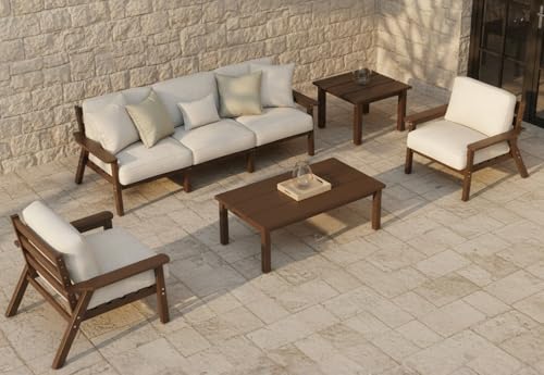 Patio Kingdom 7 Piece Patio Conversation Sets, Outdoor Couch with Washable Thick Beige Cushions, HDPE Patio Furniture Set, Outdoor Sectional Furniture for Backyard, Deck, Lawn, Porch (Brown Frame)