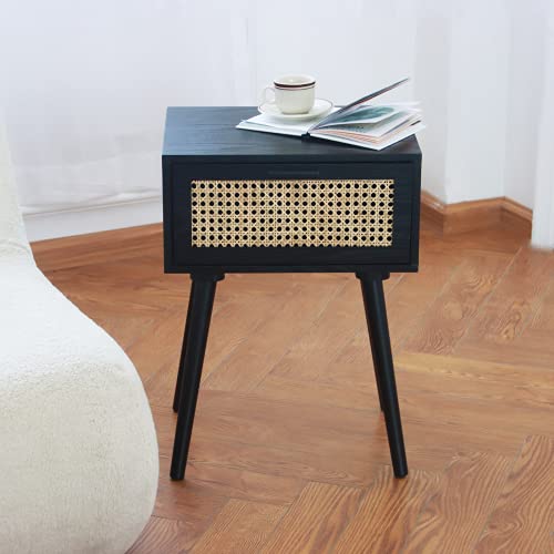 Awasen Mid Century Nightstand With Drawer, Rattan Side Table For Living Room, Bedroom And Small Space, Solid Wood Legs & Natural Rattan Bedside Table, Easy Assembly (Black) #TOP15