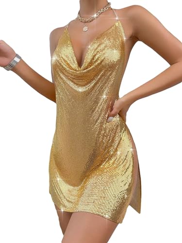 Women's Metallic V Neck Backless Chain Cami Party Dress