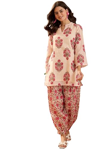 Image of EthnicJunction Women's Linen Floral Print Summer Wear Straight Short Kurti With Afghani Pant Set | Co Ord Set for Women Stylish | Fusion wear Women
