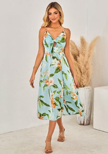 Image of Fashionme Women Spaghetti Strap Midi Satin Dresses Tie Front Backless Slit Cutout Dress Semi-Formal /Casual Flowy Lightweight