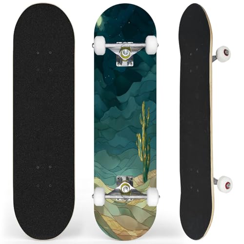 Serene Stained Glass Desert Cactus Skateboard 31