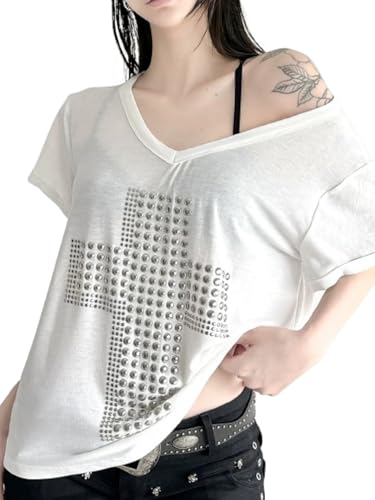 Oversized Metal Sequins Cross Graphic Tee Goth Off The Shoulder Tops V Neck Tshirts Grunge Emo Clothes Punk Tees Y2K