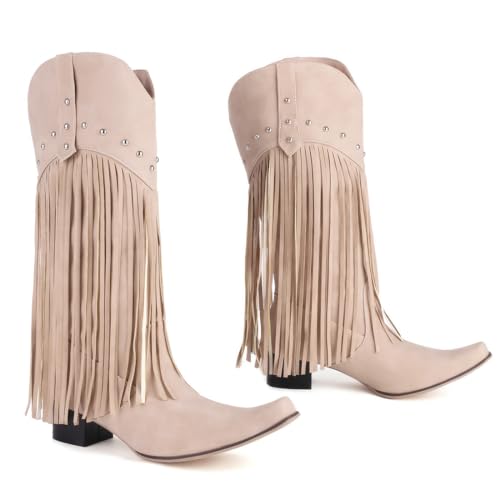 Image of KiutSymo Mid Calf Fringe Boots For Women Cowboy Pointed Toe Chunky Heels Cowgirl Western Tassel Boots