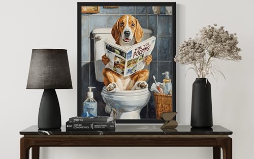 Image of Beagle on Toilet Black Framed Wall Art Print Poster, Dog Bathroom Humor Decor Posters Prints for Restroom Home Picture Painting Artwork Gallery 7 (Beagle, 10 inchL x 8 inchW, Black Frame)