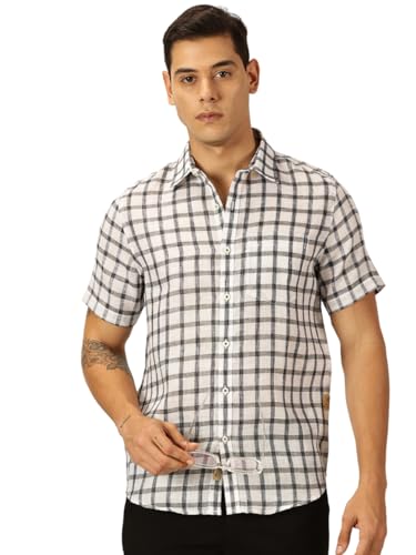 Image of Thomas Scott Men's | Checks | Half Sleeve | Slim Fit | Jute Linen | Spread Collar | Casual Shirt