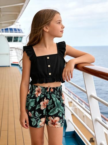 Image of Girl's Summer Clothing Sets Knit Ruffle Striped T-Shirt and Shorts 2 Piece Outfits