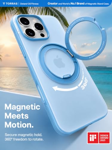 Image of TORRAS 360 Magnetic Stand for iPhone 16 Pro Max Case[Fit for MagSafe][Camera Control Button][Mil-Grade Protection] Slim, Rotatable Kickstand, Translucent Coastal Blue 6.9 inch, Ostand OFitness Series