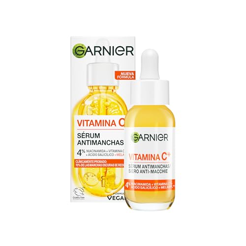 Garnier Sérum Anti Manchas con 3,5% de Vitamina C, Niacinamida y Ácido Salicílico. En 6 días reduce visiblemente las manchas oscuras y aporta luminosidad. Eficacia aprobada por laboratorios