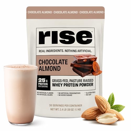 Rise Grass-Fed Whey Protein Powder - Chocolate Almond | 25g Protein No Artificial Flavors Colors or Preservatives - Sugar Free Gluten-Free Soy Free (2.4 lbs)