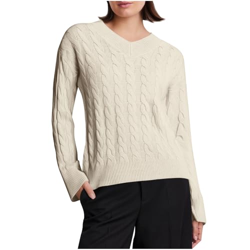 Xiaojmake Womens Cotton Cable Knit Sweaters Basic Long Sleeve V Neck Soft Pullover Slim Fit Winter Fall Twist Knit Sweater