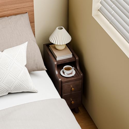 Image of Nightstand, Pre-Assembled, 19.7 inchH Solid Wood Night Stand with 2 Drawers, Open Sliding Shelf, Mid Century Modern Small Bedside Table for Bedroom, Black Walnut 8 inch