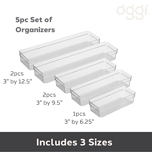 Image of Oggi Set of 5 Clear Drawer Organizers - (1) 3x6.25, (2) 3x9.5, (2) 3x12.5 - Ideal for Organizing Kitchen Drawers, Office, Desk, Silverware, Kitchen Utensils, Cosmetics and Bathrooms