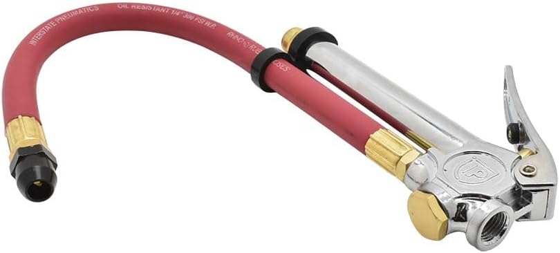 Interstate Pneumatics TF3146 Medium Duty Inflator 10-90 PSI with 12 Inch Rubber Hose Whipend and Straight-in Tapered Chuck