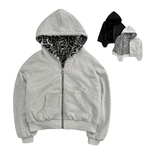 Reversible Zip up Hoodie Vintage Leopard Print Jacket Y2k Streetwear Fall Unisex Baggy Long Sleeve Hoodie with Pocket