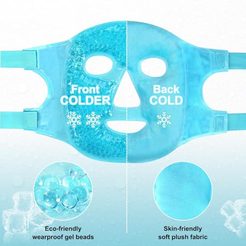 Image of JUDEE Reusable Gel Beads Face Mask - Hot & Cold Therapy Pillow for Face and Eyes - Soft, Adjustable, and Comfortable Relaxation Mask (Blue)