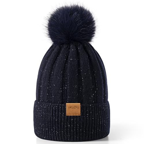 Jikuzfu Womens Winter Beanie Hat with Faux Fur Pom Pom,Soft Warm Fleece Lined Knit Beanie for Cold Weather Navy