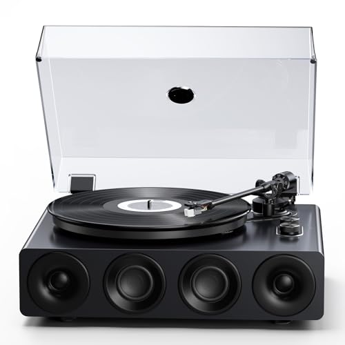 1 BY ONE Tocadiscos de Vinilo Todo en Uno con Altavoces Integrados, Preamplificador de Fono, Cápsula Magnética AT-3600L, Salida RCA, Transmisión por Correa 2 Velocidades, Acabado en Laca de Piano Gris