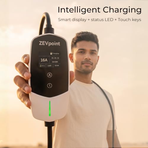 Image of Zevpoint 3.6kW Portable EV Charger | Wall Bracket + Bag | 5 Meters, Adjustable Power, TPU Cable, 16A | LED Screen | 10+ Advanced Safety Features | Upto 5-yr Warranty (Dash 3.6kW)