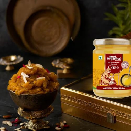 NutriOrganics Pure Desi A2 Cow Ghee 500ml | Bilona Curd Churned | Grass Fed Gir Cows | Glass Jar | Pure Aroma, Natural & Healthy Danedar Ghee| Lab Tested