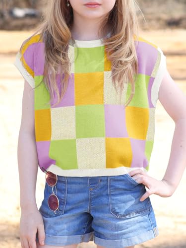 Image of Haloumoning Girls Summer Crop Tops Color Block Vest Cute Tanks Cap Sleeve Tee Loose Kids Knit Top 5-14 Years