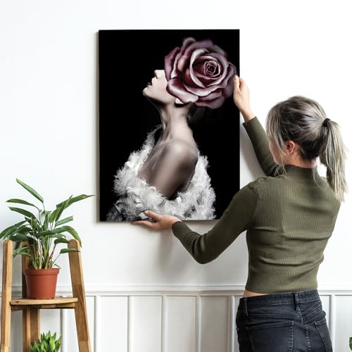 Image of PAINTINGMANTRA Stretched Modern Canvas Wall Art Painting, Red Rose Women Flower Artwork for Living Room, Home, Bedroom, Office Decoration (Set of 1, 16x22 Inch)