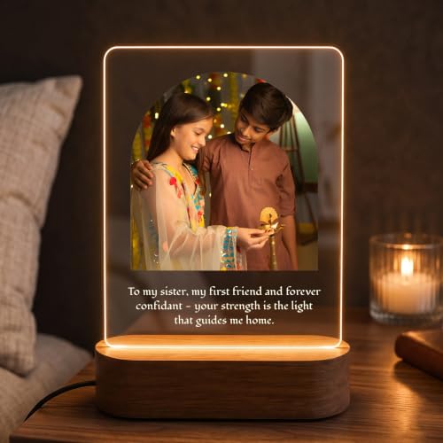 Image of Giftplease Personalised Rakhi Gift for Sister - Custom Acrylic Photo Collage Frame with Wooden Base, Meaningful Raksha Bandhan Keepsake, Personalized Memory Display for Siblings, Tabletop Decor