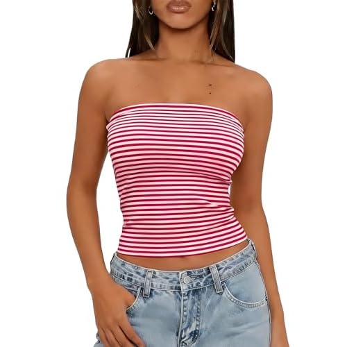 LOMON Summer Tube Tops for Women 2026 Y2k Sexy Going Out Crop Strapless Sleeveless Basic Fitted Bandeau Tank Top Red and White Striped Small