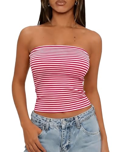 LOMON Womens Strapless Tube Tops 2026 Y2k Going Out Cute Beach Vacation Crop Slim Fit Tank Top (Red and White Striped S)