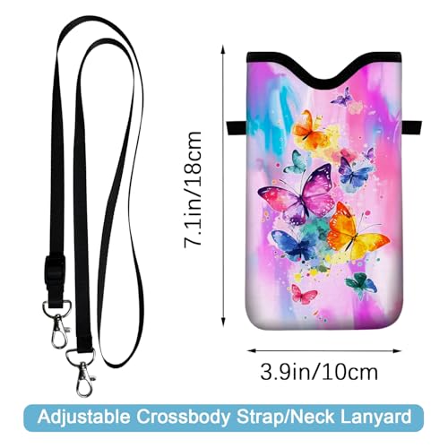 Image of Neoprene Cell Phone Sleeve Pouch Case Bag with Crossbody Strap Neck Lanyard for Women 7.1 X 3.9 in Tie Dye Butterfly