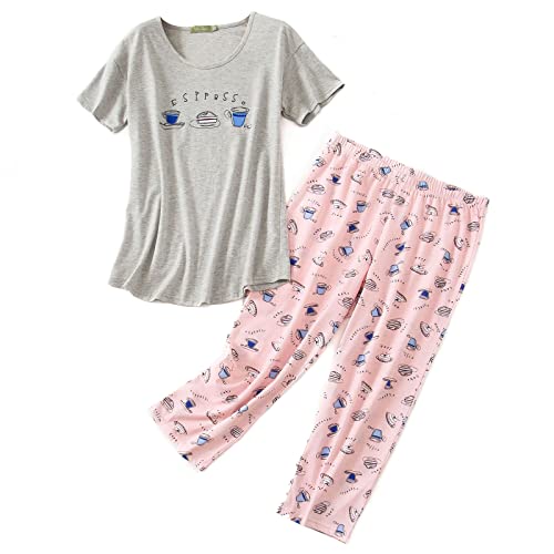American-Trends-Womens-Pajama-Sets-Two-Piece-Sleep-Shirt-Short-Sleeve-Cartoon-Print-Pj-Set-Tops-with-Capri-Pants-Sleepwear