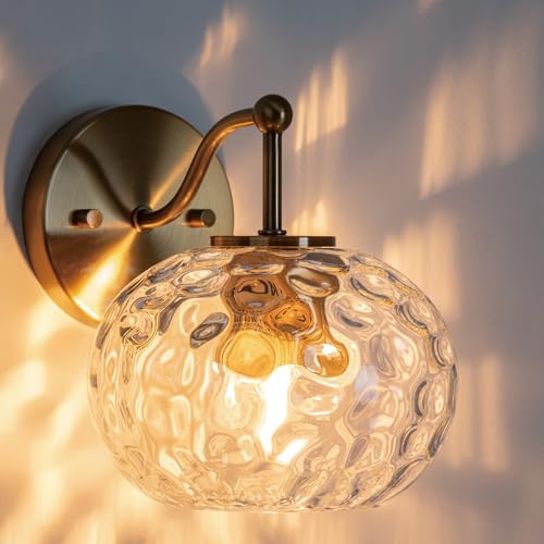 Image of Gold Wall Sconce Light Clear Hammered Glass Vanity Lighting Brushed Brass Wall Lamp for Bathroom Over Mirror