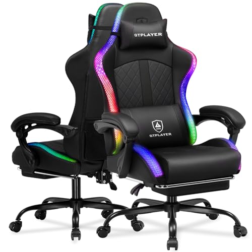 GTPLAYER RGB Gaming Chair, Computer Gamer Chair with Footrest and LED Lights, PC Gamer Chairs for Adults, High Back Reclining Office Chairs, Linkage Armrest (Black)