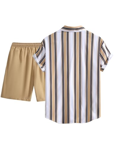 Image of Yimoon Men's Summer 2 Piece Outfits Tropical Print Short Sleeve Button Down Hawaiian Beach Shirt and Shorts Set