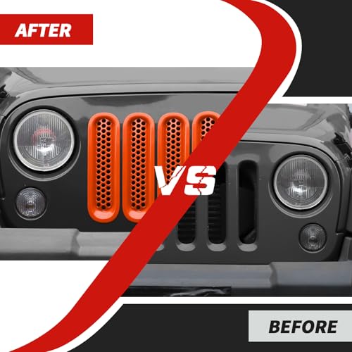 Image of Front Grille Inserts Grill Mesh Clip-on Trim Covers Exterior Accessories Compatible with Jeep Wrangler JK & JKU 2007-2017,Orange