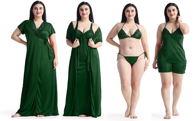 Image of Satin 6 Piece Nightwear Set, Coral Pink Lace Trim Sleepwear with Robe, Nighty, Top, Shorts, Lingerie Set for Women, Summer Collection-Mehndi Green.