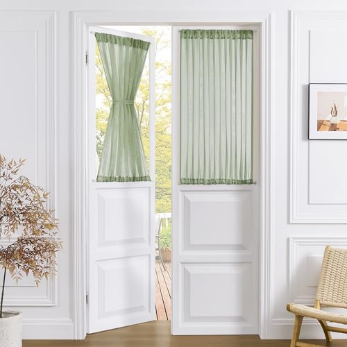 Tollpiz Short Sheer Door Curtains Closet Linen Textured Curtains Sheer Doorway Light Filtering Voile Patio Glass Door Rod Pocket Curtain French Doors, 54 x 40 inches Long, Sage Green, 1 Panel