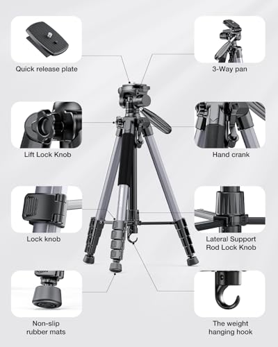 Trípode Profesional de Aluminio 188cm, Soporte Ajustable 360° para Cámara DSLR/Móvil/Videocámara, Trípode Ligero de Viaje con Bolsa y Soporte para iPad/Smartphone (Carga 4kg) - Imagen 3