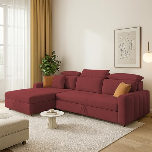 Image of Casaliving Gagnon LHS 4 Seater L Shape Corner Sofa Cum Bed for Living Room (Maroon Fabric) Premium Fabric Sofa