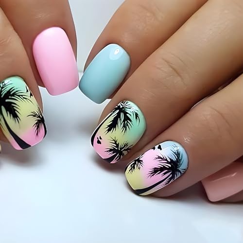 24pcs Short Press-on Nails: Square Fake Nails with Palm Tree, Blu...
