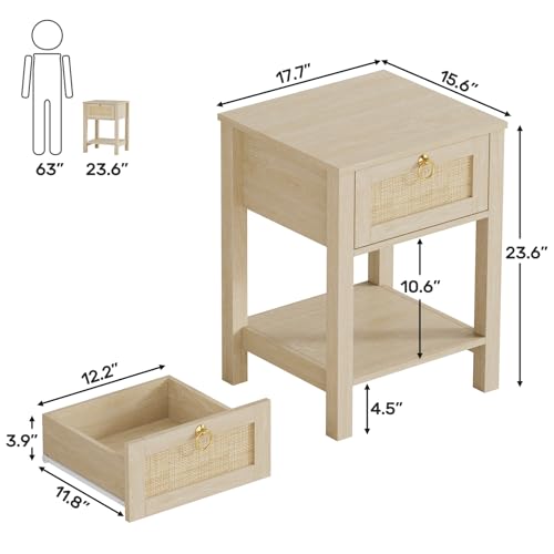 Image of Eclatara Rattan Nightstand Set of 2: Sturdy Night Stand with Rattan Decor Drawer, Farmhouse Nightstand Bedside Table Boho End Tables Side Tables for Bedroom (Natural Light Oak,2 Pieces)