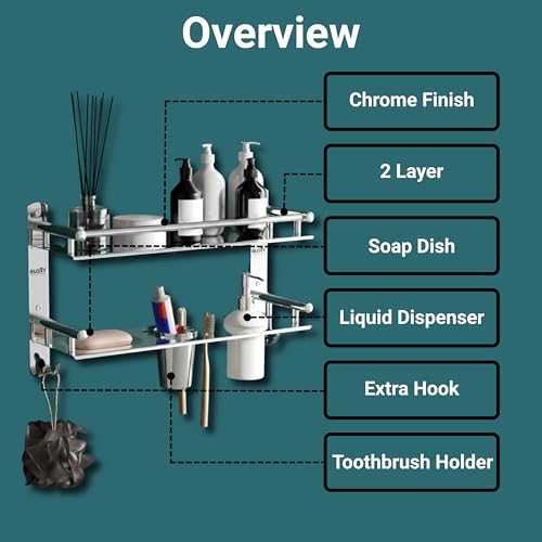 Image of GLOXY Premium Chrome Finish Stainless Steel Bathroom Shelf with Soap Holder, Toothpaste Holder & Liquid Soap Dispenser - 6 in 1 Bathroom Organizer Bathroom Accessories for Home, Office & Hotels